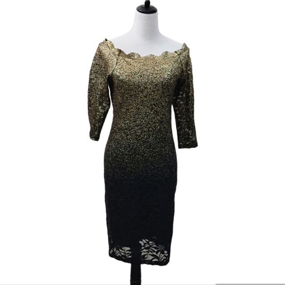 Marina Two Toned Gold and Black Lace Dress Lined Event Cocktail Midi Size 8 - Picture 1 of 11